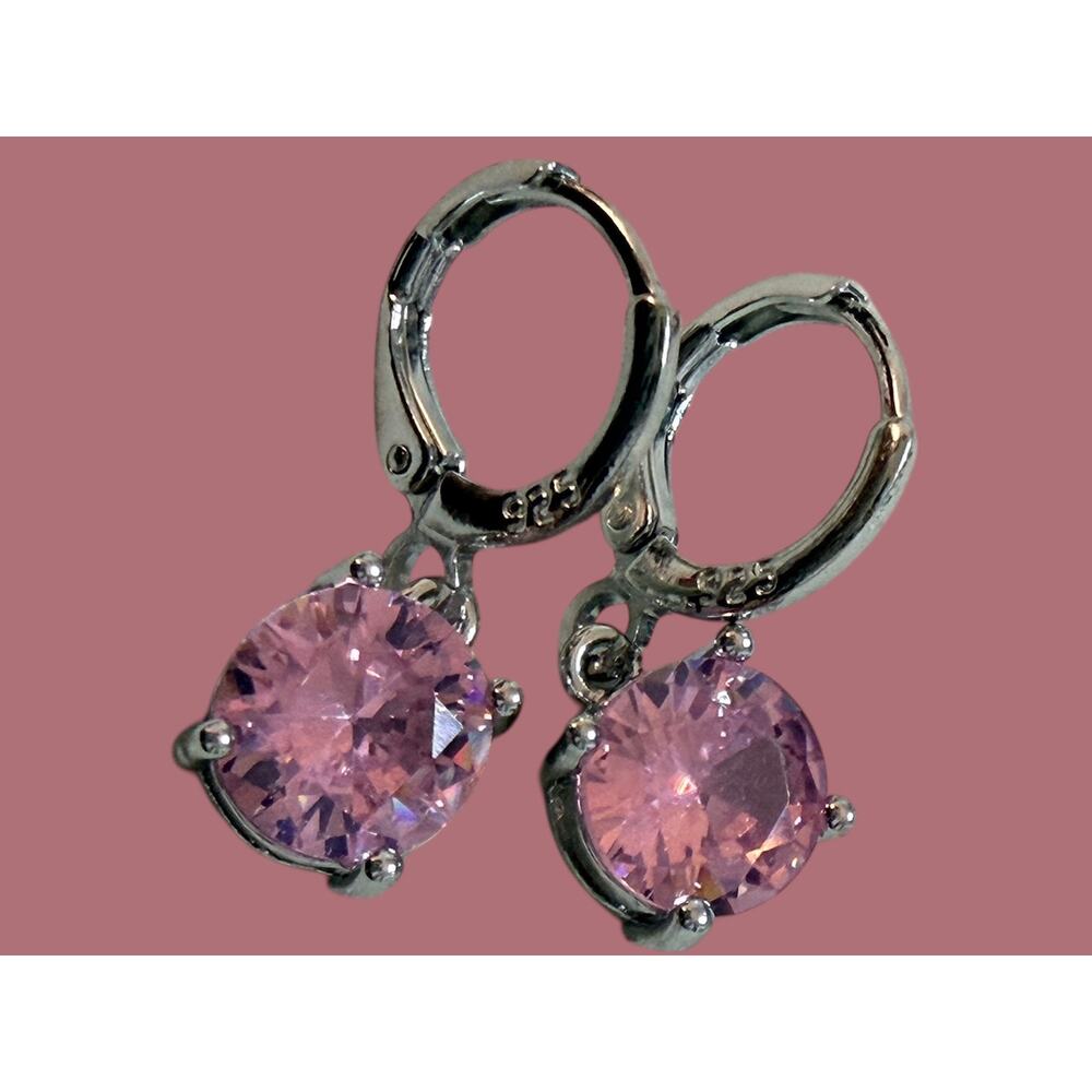 925 Stamped Silver Plated Pink CZ Jewelry Earrings - Picture 3 of 5